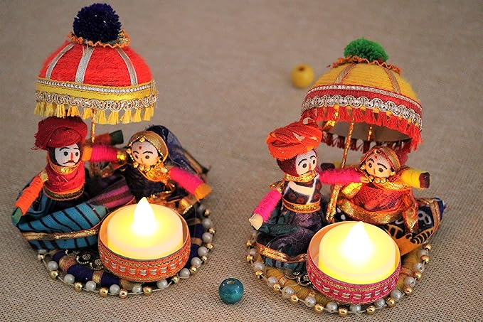 Rajasthani Puppet Tealight Holders Set of 2 for Diwali 2025 | Recycled Handmade Indian Eco Gift Decor